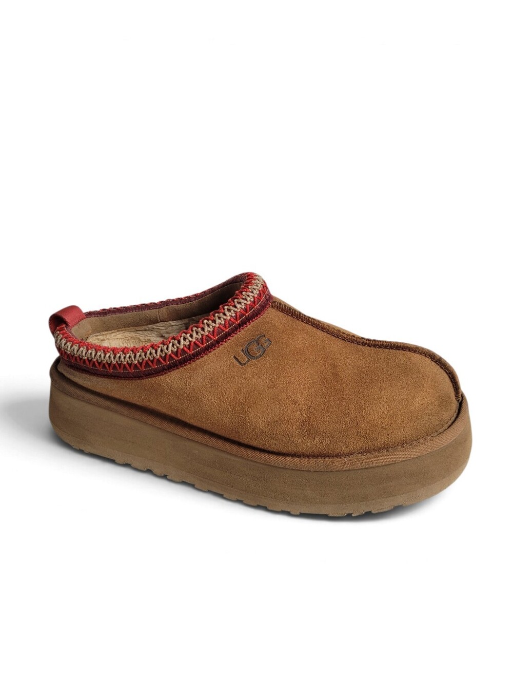 UGG Tazz Platform Slippers Suede Chestnut with Red Trim Size 9